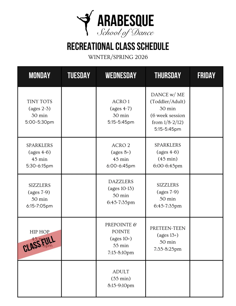 Table form of Arabesque recreational dance classes schedule in Blaine, MN