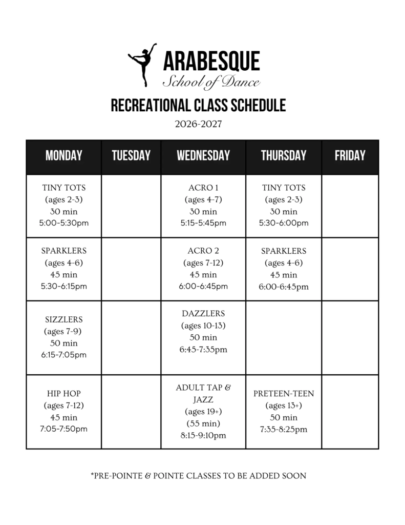 Table form of Arabesque recreational dance classes schedule